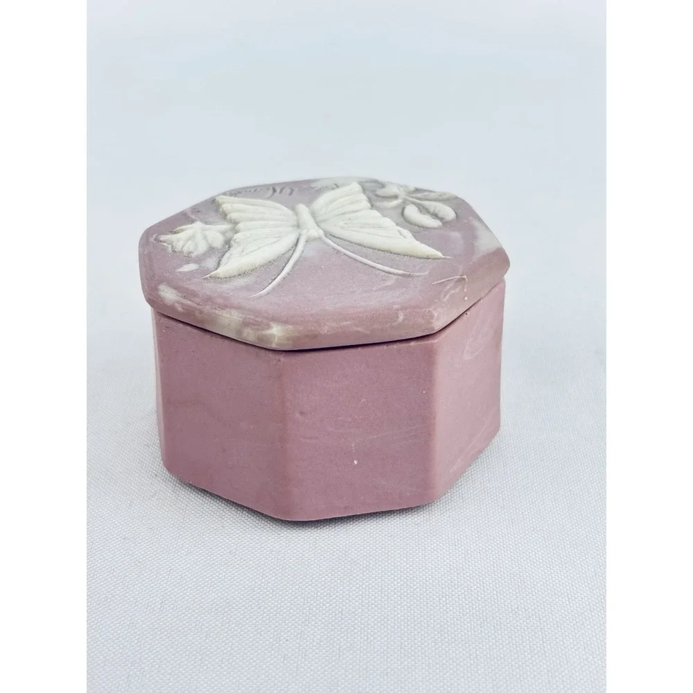 Vtg Trinket Box Pink Incolay Soapstone Design Gifts USA Cottagecore Grannycore